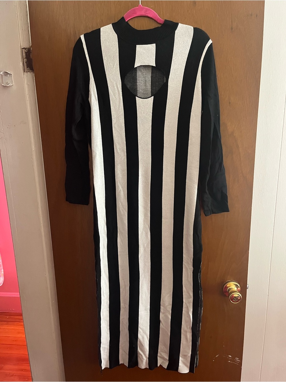 Black and White Striped knit Maxi Dress with keyhole and side slits